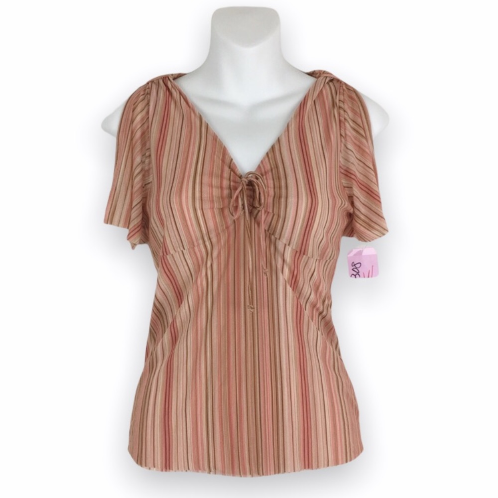 NWT Vintage 90s Y2K Sweet Pea Pink Cream Brown Striped Mesh Stretchy Top Shirt L